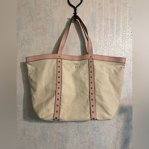 Victoria's Secret Beige Canvas Tote Bag with Pink Trim and Gold ...